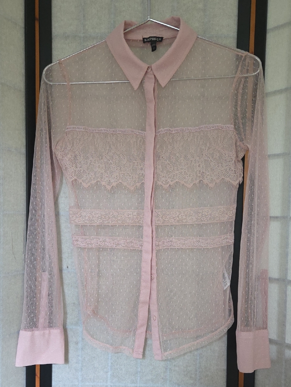 Express Sheer Lace-Trim Button-Front Blouse - Light Pink